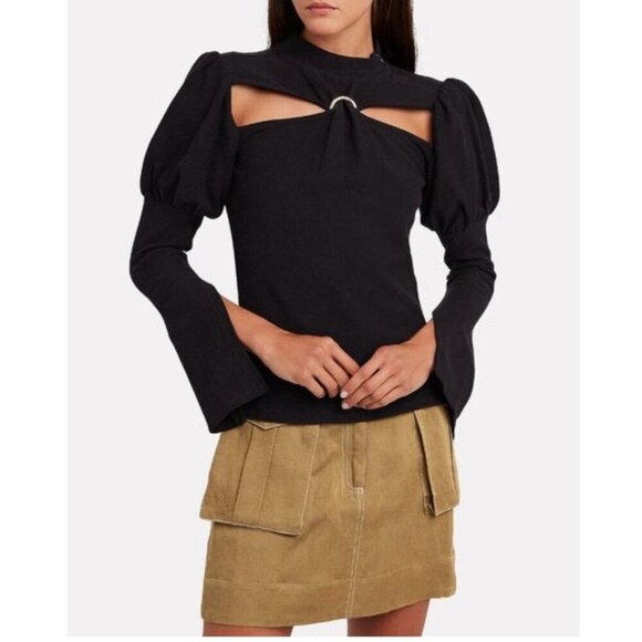 Cult Gaia Mora Puff Sleeve Rib Knit Cutout Mock Neck Blouse Top Black XS​ - Picture 1 of 12